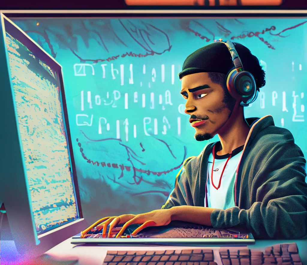 a hacker at a computer with text on the screen saying 96754